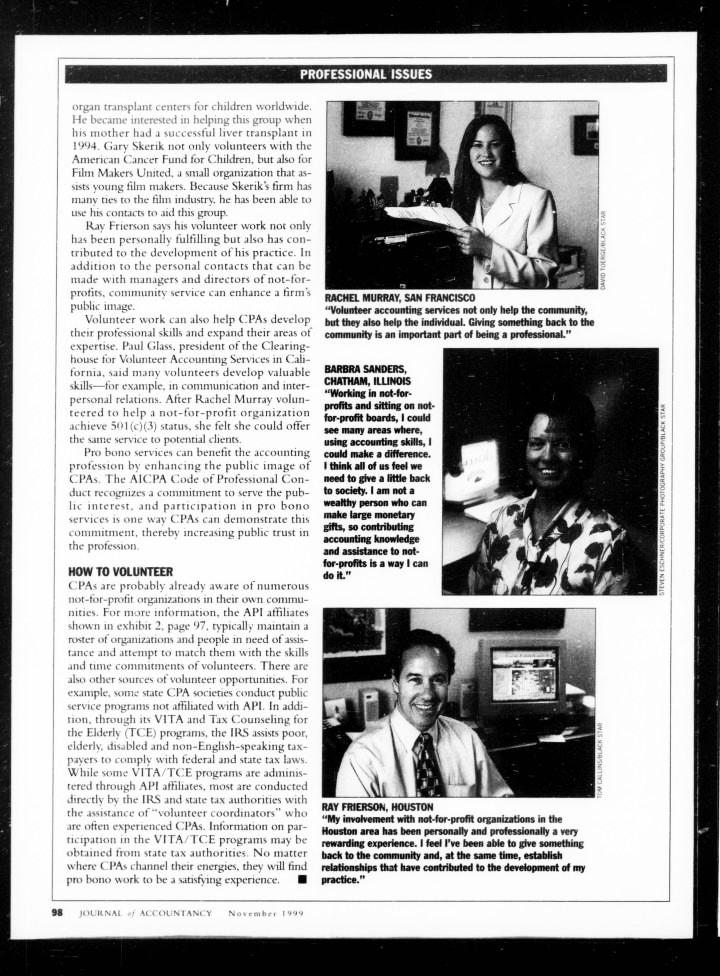 Journal of Accountancy November 1999 — Professional Issues page featuring Rachel Murray